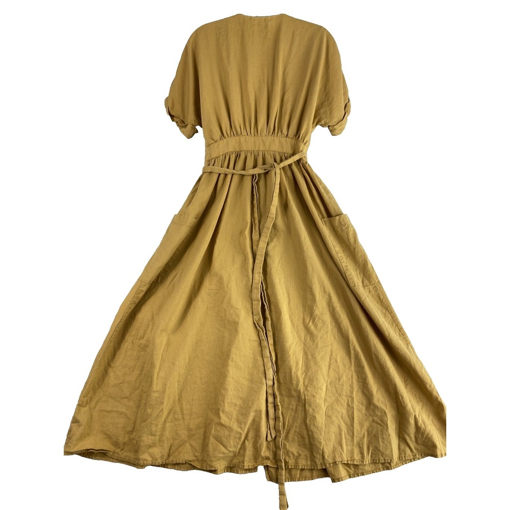 Urban Outfitters Midi Dress Women Sz S Mustard Yellow Wrap Linen Blend Cottage - Picture 4 of 13